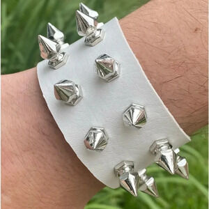 WhiteLeather Punk Goth Rock Double Spike Metal Stud Buckle Cuff Bracelet NEW